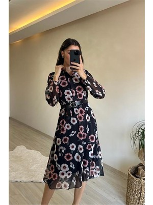 Dip Moda Kadın çiçek desenli gömlek yaka kemerli elbise DPNM011