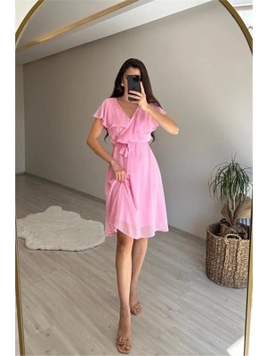 Dip Moda Kadın Kol Detaylı Kısa Şifon Elbise DPNM007