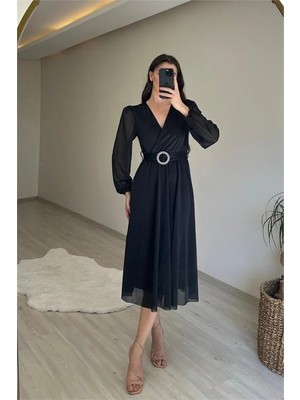 Dip Moda Kadın simli kumaş kemerli midi elbise DPNM009