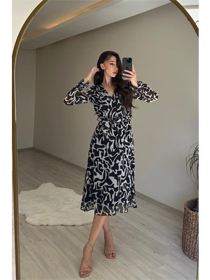 Dip Moda Kadın desenli şifon elbise  DPNM016