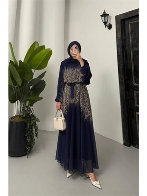 Dip Moda Leopar desenli Kuşak Detaylı şifon tesettür elbise NMS055