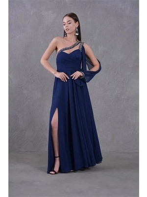 Dip Moda Kadın taş işlemeli tek omuz yırtmaçlı şifon abiye elbise DPS9368