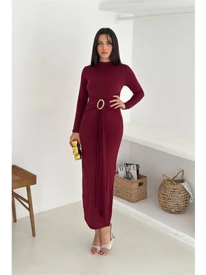 Dip Moda Kadın sandy kumaş uzun kollu toka detaylı elbise DPK4351
