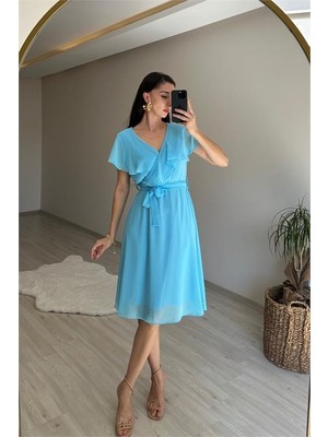 Dip Moda Kadın kol detaylı kısa şifon elbise DPNM007
