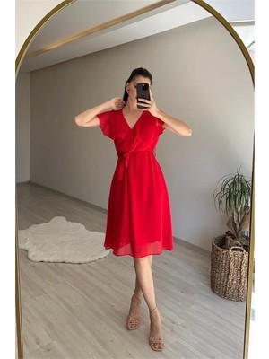 Dip Moda Kadın kol detaylı kısa şifon elbise DPNM007