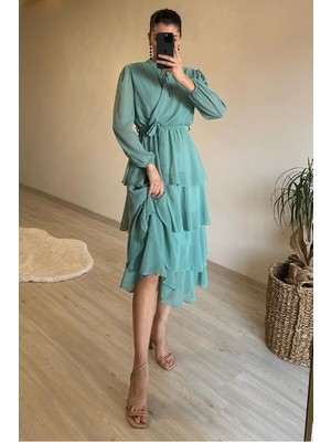 Dip Moda Kadın volanlı katkat şifon kumaş elbise DPNM004