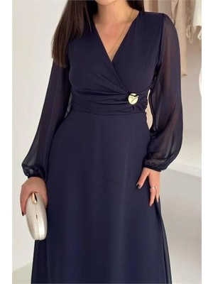 Dip Moda Kadın bel büzgülü tokalı midi şifon elbise DPK4329