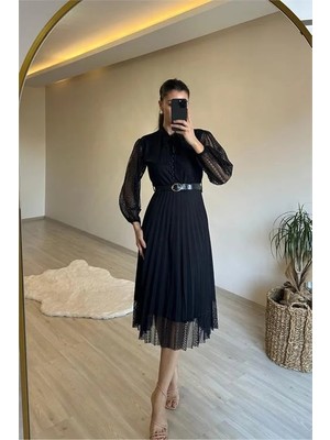 Dip Moda Kadın yaka bağlamalı pileli dantel elbise DPNM012