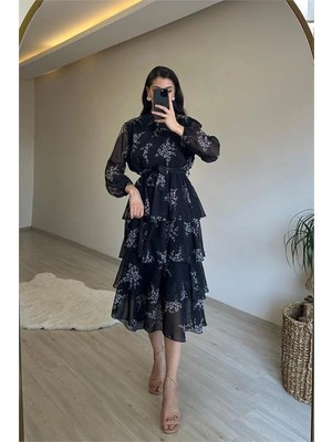 Dip Moda Kadın desenli kat kat elbise DPNM014
