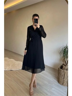 Dip Moda Kadın midi boy kuşaklı şifon elbise DPNM013