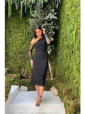 Dip Moda Kadın siyah tül kumaş taşlı elbise DPMY3722