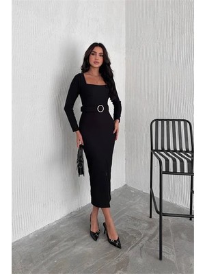 Dip Moda Kadın kemerli kare yaka elbise DPK4317