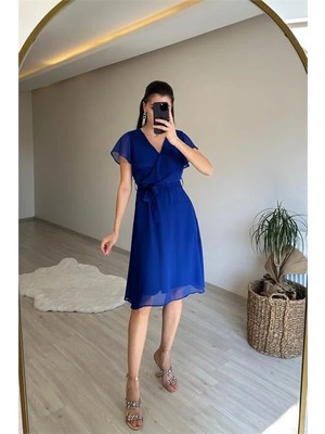 Dip Moda Kadın kol detaylı kısa şifon elbise DPNM007