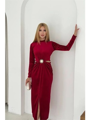 Dip Moda Kadn bel dekolteli kadife elbise DPK4392