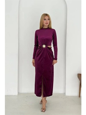 Dip Moda Kadn bel dekolteli kadife elbise DPK4392