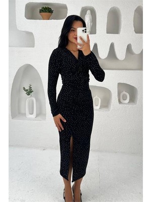 Dip Moda Kadın kruvaze yaka ışıltılı midi boy elbise DPMY3837