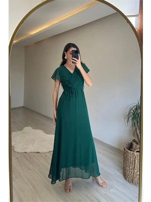Dip Moda Kadın v yaka kol detaylı şifon uzun elbise DPNM008