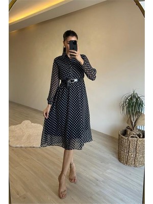 Dip Moda Kadın Puantiye Desen Düğmeli Elbise DPNM019