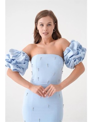 Dip Moda Kadın puffy kol taşlı davet elbisesi DPS9377