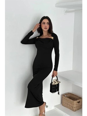 Dip Moda Kadın kayık yaka gol aksesuarlı elbise DPK4386