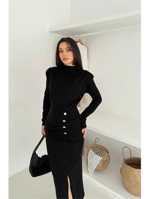Dip Moda Kadın tam boy düğmeli yırtmaçlı elbise DPK4369