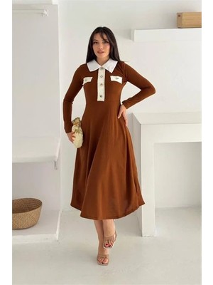 Dip Moda Kadın gold düğme detaylı midi boy elbise DPK4327