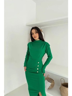 Dip Moda Kadın tam boy düğmeli yırtmaçlı elbise DPK4369