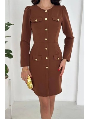 Dip Moda Kadın double kumaş düğmeli uzun kol mini elbise DPK4388