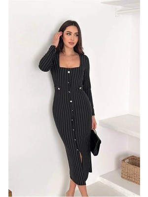 Dip Moda Kadın çizgili desen kare yaka midi boy düğme detaylı elbise DPK069