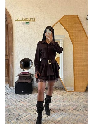 Dip Moda Kadın kahverengi gömlek yaka dantel detaylı kat kat mini elbise DPMY3858