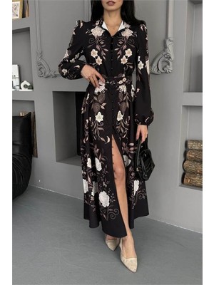 Dip Moda Kadın siyah tam boy düğmeli çiçek desenli tasarım elbise DPMS25107