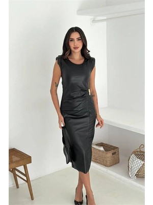 Dip Moda Kadın midi boy deri elbise DPK4378