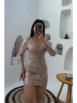 Dip Moda Kadın gold pul payet mini elbise DPMY3649