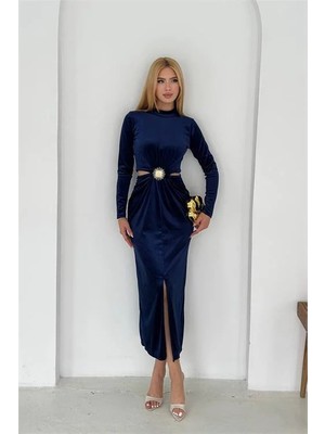 Dip Moda Kadn bel dekolteli kadife elbise DPK4392