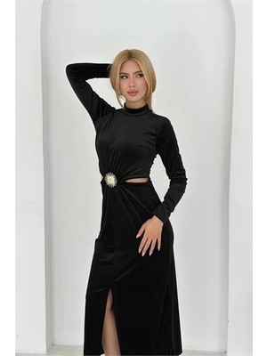 Dip Moda Kadn bel dekolteli kadife elbise DPK4392