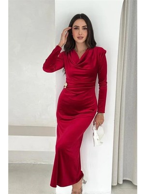 Dip Moda Kadın taş detaylı kadife uzun kollu elbise DPK4371
