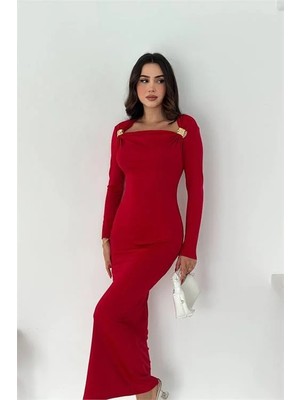 Dip Moda Kadın kayık yaka gol aksesuarlı elbise DPK4386
