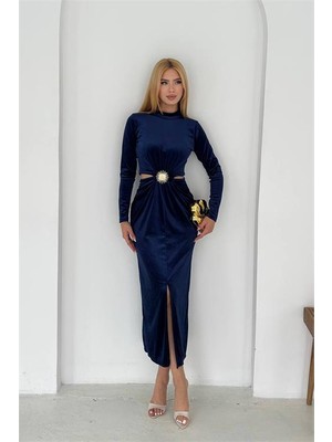 Dip Moda Kadn bel dekolteli kadife elbise DPK4392