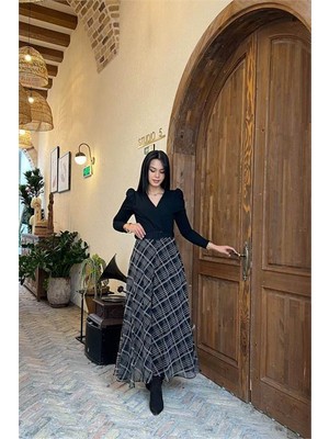 Dip Moda Kadın siyah eteği ekose desenli kemerli tam boy elbise DPMY3860