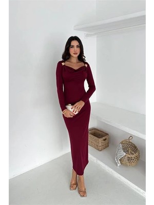 Dip Moda Kadın kayık yaka gol aksesuarlı elbise DPK4386