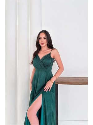 Dip Moda Kadın ayarlanabilir askılı yırtmaçlı tül abiye elbise RYS9276
