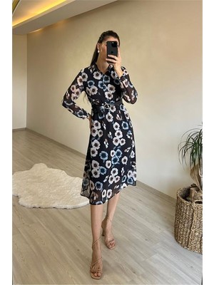 Dip Moda Kadın çiçek desenli gömlek yaka kemerli elbise DPNM011