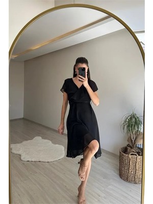 Dip Moda Kadın kol detaylı kısa şifon elbise DPNM007