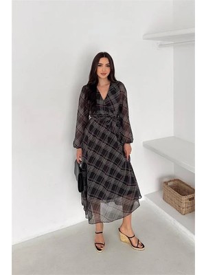 Dip Moda Kadın kruvaze yaka ekose desenli beli kuşaklı midi boy şifon elbise