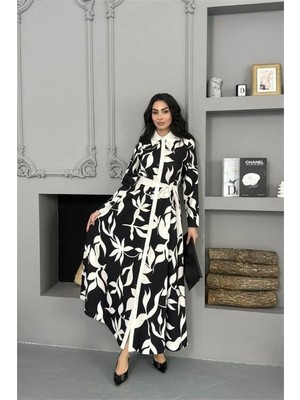 Dip Moda Kadın siyah beyaz kuşaklı tam düğmeli ithal kumaş elbise DPMS25106