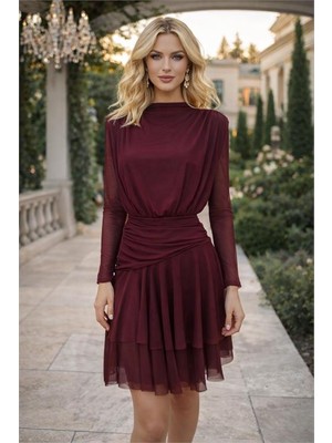 Dip Moda Kadın bordo şifon kumaş korsajlı mini boy uzun kol omuz vatkalı elbise DPK073