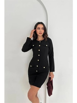 Dip Moda Kadın double kumaş düğmeli uzun kol mini elbise DPK4388