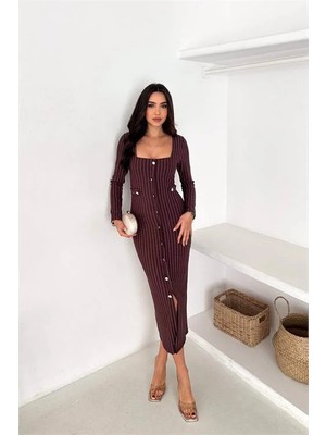 Dip Moda Kadın çizgili desen kare yaka midi boy düğme detaylı elbise DPK069