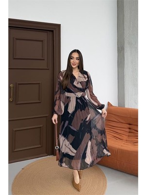 Dip Moda Kadın Kahverengi Piliseli Kruvaze Yaka Kemerli Şifon Elbise DPELB03