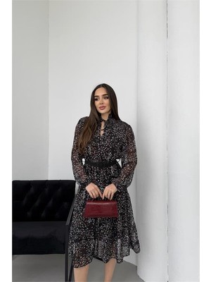 Dip Moda Kadın siyah bağlama detaylı dik yaka şifon midi elbise DPELB01